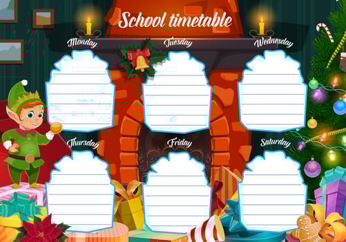 Winter holiday school timetable with christmas elf vector