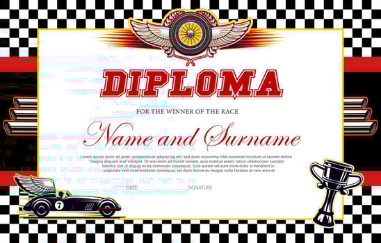 Race winner diploma vector template, racing award