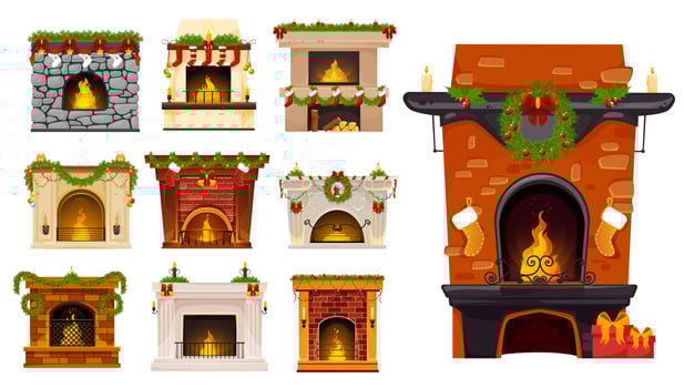 Christmas fireplaces, Xmas holiday decor, cartoon vector