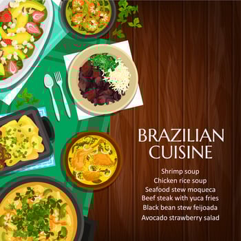 Brazilian cuisine vector poster, meals of Brazil