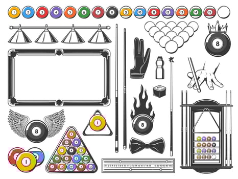 Billiards game equipment and accessories icons set vector
