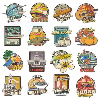 Cuba and havana travel, tourist attractions icons vector