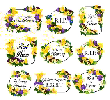 Funerary frame with calla lily and pansy flowers vector