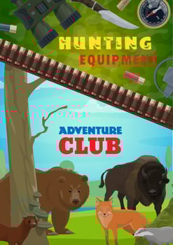 Hunting equipment, adventure club vector poster