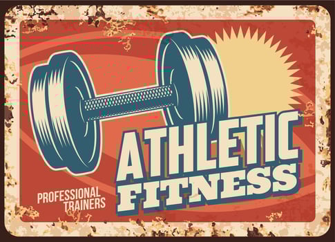 Athletic fitness rusty metal plate vector tin sign