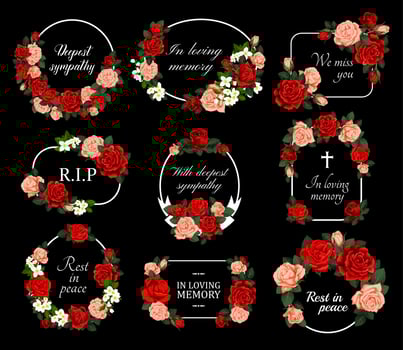 Funeral vector cards with rose flower wreaths set