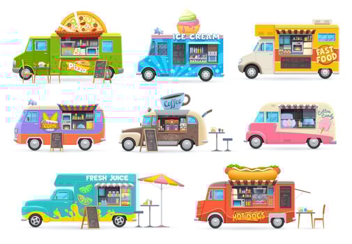Food trucks cartoon vans for street food selling vector