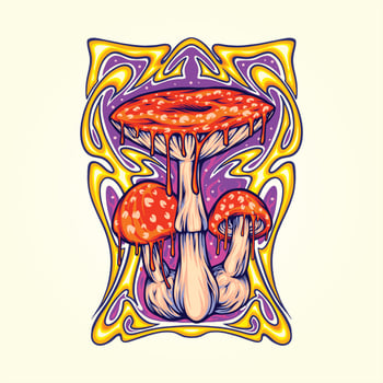 Amanita mushroom with trippy vintage frame logo illustrations vector illustrations for your work logo, merchandise t-shirt, stickers and label designs, poster, greeting cards advertising business