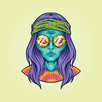 Hippie alien girl with glasses psychedelic logo illustrations vector