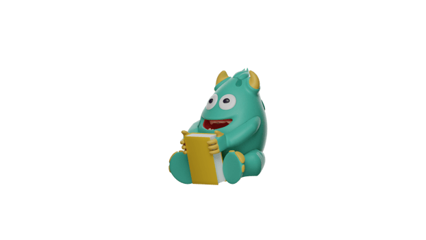 3D illustration. Cute Blue Monster 3D Cartoon Character. Cute monster sitting playing with a thick yellow book. The monster showed an extremely ecstatic expression. 3d cartoon character png