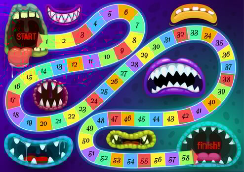 Kids board game step boardgame with monster mouths vector