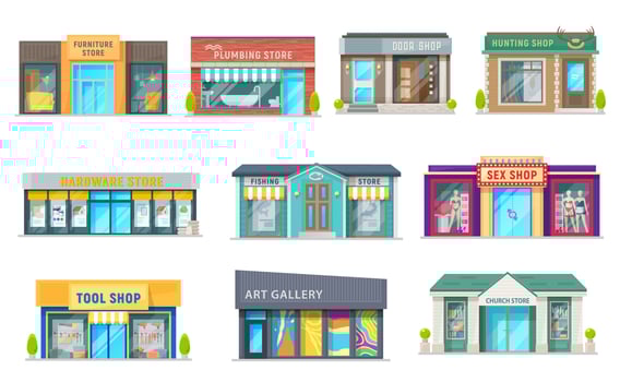 Store, shop and art gallery buildings, vector