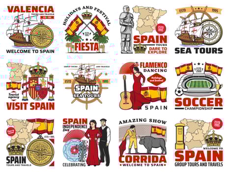 Spain travel, spanish culture and history icons vector