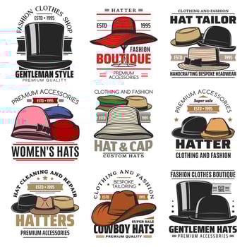 Hats vector icons, headwear boutique and repair