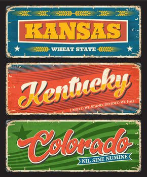 Kentucky, Kansas and Colorado USA state old plates vector