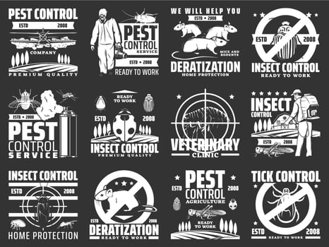 Pest control, disinsection company service icons vector