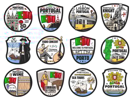 Portugal travel and landmark vector icons