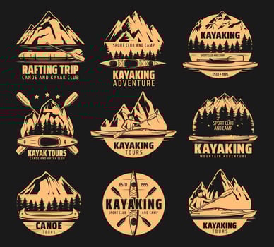 Kayaking, rafting club and canoe sport icons vector