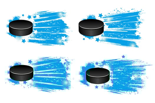 Ice hokey pucks on blue ice, halftone star banners vector