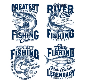 Fishing club t-shirt prints, sea fish on rod hook vector