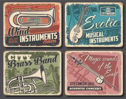 Music instruments and live concert retro posters vector