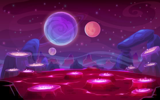 Volcanoes or geysers on fantasy planet surface vector