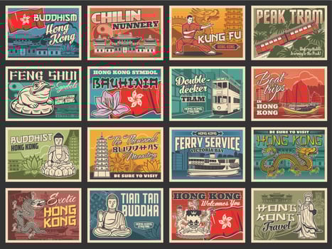 Hong Kong travel posters, Asian tourism landmarks vector