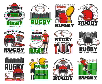 Rugby championship, team and equipment shop icon vector