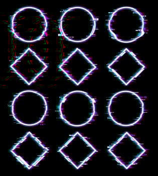 Neon colors geometric figures with glitch effect vector