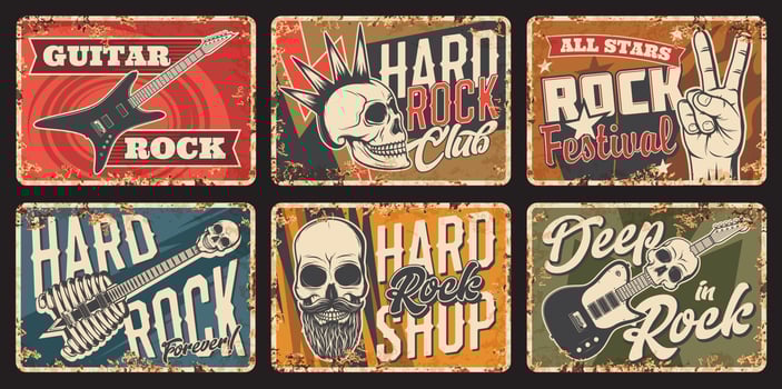 Rock music club, festival and shop rusty tin sign vector