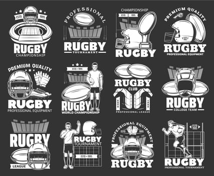 Rugby game competition, equipment retro icons vector