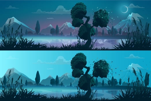 River or lake shore, mountains night day landscape vector