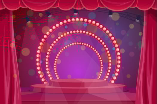 Cartoon stage with pedestal, curtain and spotlight vector