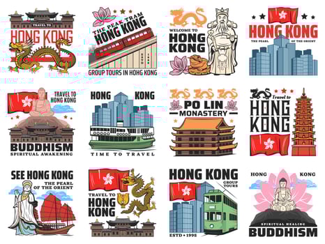 Hong Kong travel icons, landmarks vector