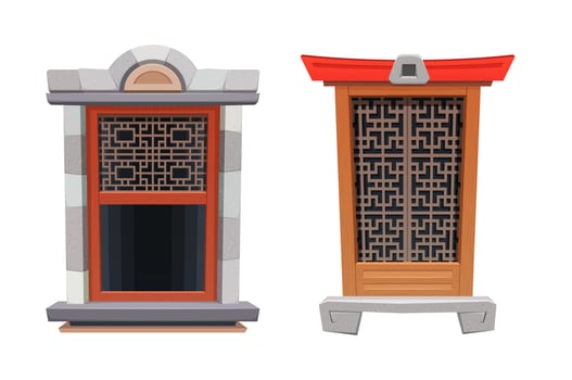 Chinese window of temple or fortress, architecture vector