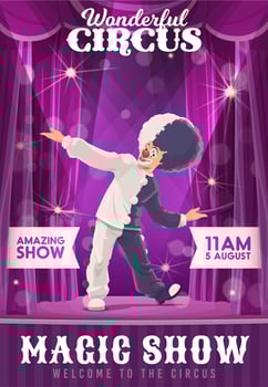 Shapito circus poster, cartoon funny clown dance vector