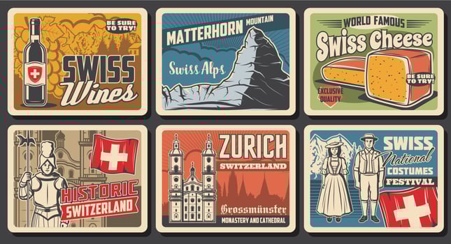 Switzerland travel landmark posters, Swiss vector