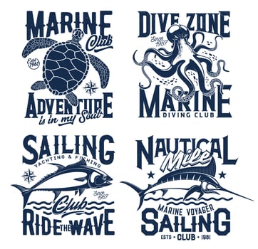 Nautical marine t shirt prints, sea waves, turtle vector