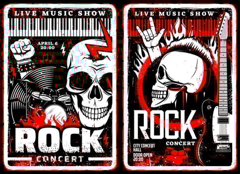 Rock music concert grunge posters, metal festival vector