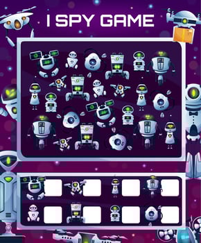 Kids education game with robots, I spy riddle vector