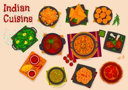 Indian cuisine food with curry and dessert dishes vector