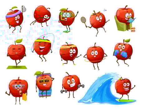 Cartoon apple fruit characters fitness or sport vector