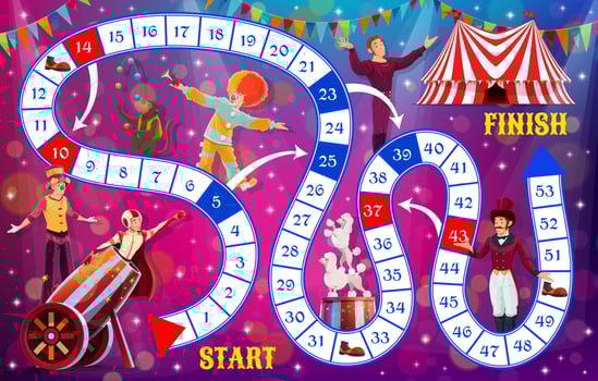 Kids board game, circus funfair and clowns puzzle vector