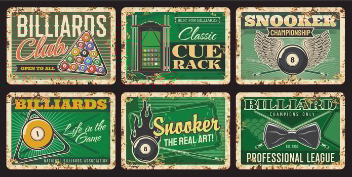 Billiards club rusty metal plates vector tin signs
