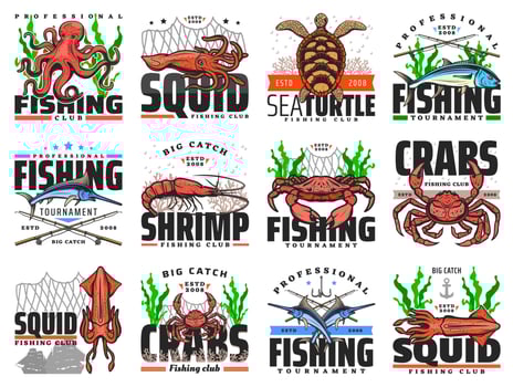 Sea fishing vector emblems for fishing club, icons
