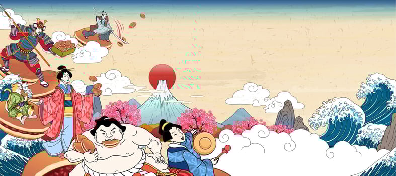 Ancient people standing and fighting upon Japanese dorayaki in ukiyo-e style on retro fuji mountain background vector