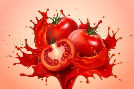 A powerful splash of fresh tomato juice with whole and sliced tomatoes on salmon pink background, as element for food product or drink ad, 3D illustration vector