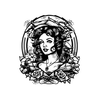 Beautiful female sailor black and white hand drawn illustration vector