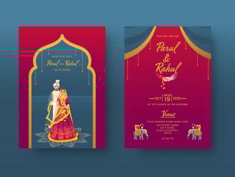 Indian Wedding Invitation Card Design with Couple Character and Venue Details in Front and Back View. vector