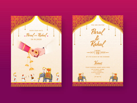 Indian Wedding Invitation Card, Template Layout with Venue Details in Front and Back View. vector